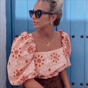 New Zara Embroidered Voluminous Puff Sleeve Cropped Top NWT Size Small